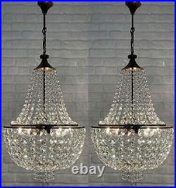 Matching Pair of Antique Vintage Brass & Crystals French Empire LARGE Chandelier