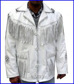 Men Antique Cowboy White Sweden Leather Jacket American Fringes & Beads Coat
