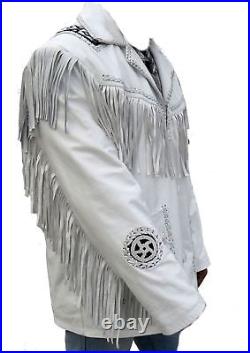 Men Antique Cowboy White Sweden Leather Jacket American Fringes & Beads Coat