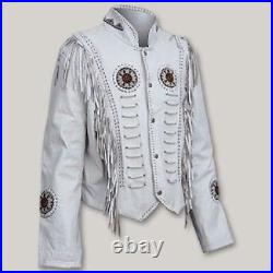 Men White Sweden Leather American Jacket Fringes & Pearls Western Coat