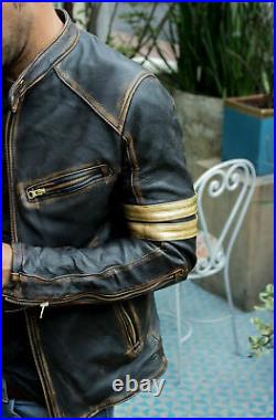 Men's Black Biker Vintage Motorcycle Distressed Cafe Racer Leather Jacket B1