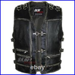 Men's Genuine Cow Leather Heavy Zipper Rocker Biker Motorcycle Vest Waistcoat