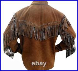 Men's Maarron Sweden Leather Jacket American Cowboy Fringes & Bones Coat