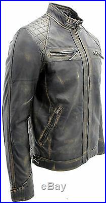 Men's Vintage Black Retro Casual Zipped 100% Leather Racing Quilted Biker Jacket