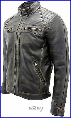 Men's Vintage Black Retro Casual Zipped 100% Leather Racing Quilted Biker Jacket