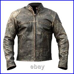 Mens Biker Antique Motorcycle Black Vintage Cafe Racer Distressed Leather Jacket