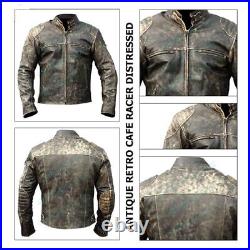 Mens Biker Antique Motorcycle Black Vintage Cafe Racer Distressed Leather Jacket