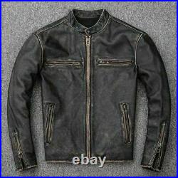 Mens Biker Distress Cafe Racer Black Real Leather Jacket