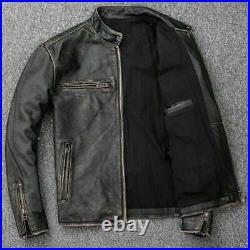 Mens Biker Distress Cafe Racer Black Real Leather Jacket