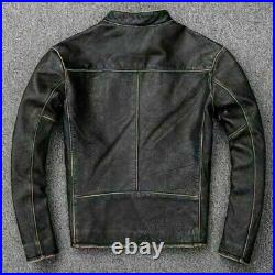 Mens Biker Motorcycle Vintage Distressed Black Faded Winter Leather Jacket