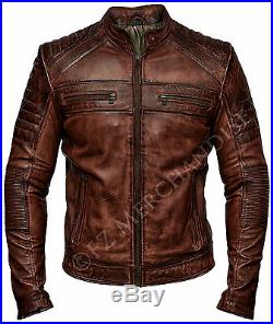 Mens Biker Vintage Antique Brown Cafe Racer Real Leather Jacket B18