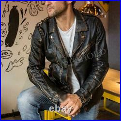 Mens Black Biker Vintage Distressed Motorcycle Cafe Racer Real Leather Jacket