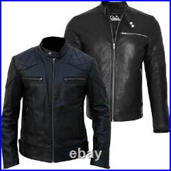 Mens Black David Beckham Real Leather Biker Jacket Vintage Cafe Racer Slim Fit