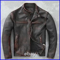 Mens Motorcycle Biker Vintage Cafe Racer Distressed Black Real Leather Jacket
