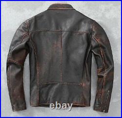 Mens Motorcycle Biker Vintage Cafe Racer Distressed Black Real Leather Jacket