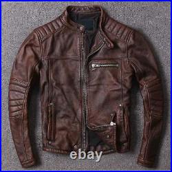 Mens Motorcycle Biker Vintage Cafe Racer Distressed Brown Real Leather Jacket