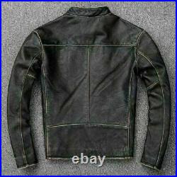 Mens Motorcycle Biker Vintage Distressed Black Faded Real Cow Leather Jacket