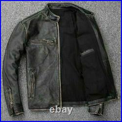 Mens Motorcycle Biker Vintage Distressed Black Faded Real Leather Jacket