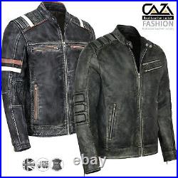 Mens Motorcycle Vintage Distressed Black Genuine Leather Biker Cafe Racer Jacket