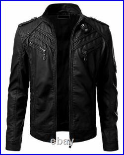 Mens Real Genuine Leather Jacket Vintage Black Slim Fit Real Biker Brand New