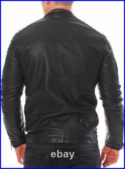 Mens Real Leather Jacket Cafe Racer Black Red Genuine Slim Fit Moto Biker New