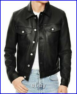 Mens Slim fit Black Trucker Genuine Sheepskin Leather Jacket