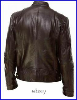 Mens Vintage Cafe Racer Black Brown Genuine Leather Slim Fit Real Biker Jacket