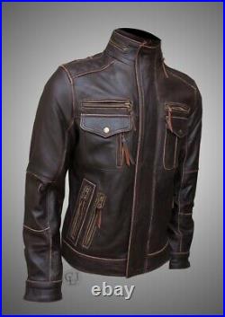 Mens Vintage Cafe Racer Distressed Brown Motorcycle Biker Real Leather Jacket