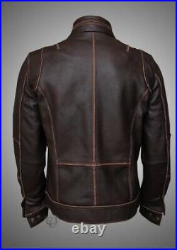 Mens Vintage Cafe Racer Distressed Brown Motorcycle Biker Real Leather Jacket