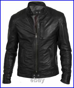 New Mens Bomber Vintage Black Genuine Leather Jacket Slim Fit Motorcycle Biker