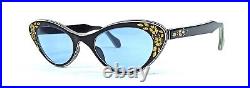 New Vintage Cat Eye Sunglasses 1950's France Ladies Flowers Rhinestones Blue Nos