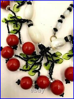 Old Vintage Bib Necklace Cherries Cluster Antq Mother Of Pearls Large Oval Beads