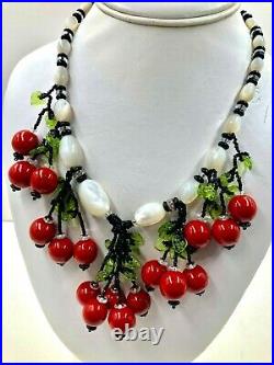 Old Vintage Bib Necklace Cherries Cluster Antq Mother Of Pearls Large Oval Beads