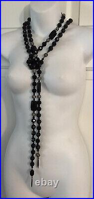 Original 77 Jet Black Faceted Large Crystal Bead Long Rope Necklace Belt Bolo