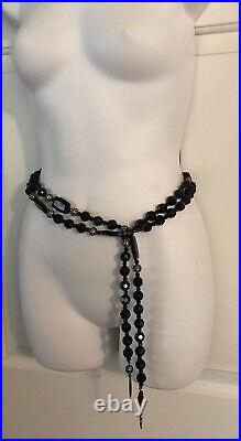 Original 77 Jet Black Faceted Large Crystal Bead Long Rope Necklace Belt Bolo