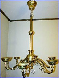 Ornate Vintage / Antique Brass 6 Arm Oil Kerosene Hanging Lamp / Chandelier