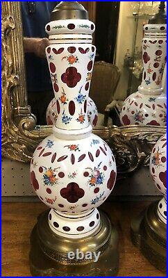 Pair ANTIQUE VTG LARGE CZECH BOHEMIAN CUT to Clear Ruby CASE GLASS Painted Lamps