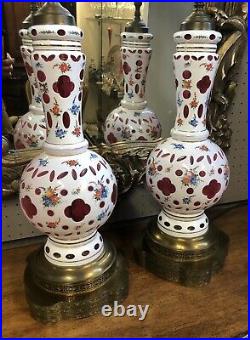 Pair ANTIQUE VTG LARGE CZECH BOHEMIAN CUT to Clear Ruby CASE GLASS Painted Lamps