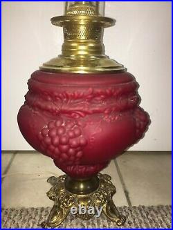 Pair Large Antique/Vtg Ruby Red Satin Gone With The Wind GWTW Lamps Set Grapes