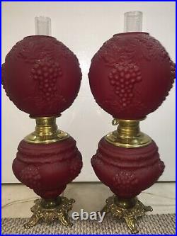 Pair Large Antique/Vtg Ruby Red Satin Gone With The Wind GWTW Lamps Set Grapes