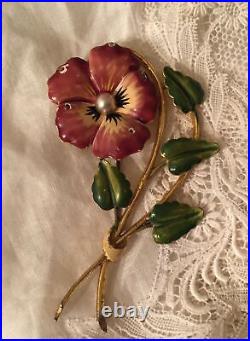 Pansy Brooch Sterling Silver Enamel Pearl Flower Pin Vtg Large Antique Lampl