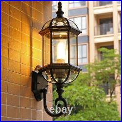Retro Large Black Metal Lantern Clear Glass Outdoor Garden Gate Wall Lamp Sconce