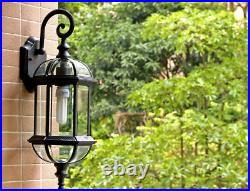 Retro Large Black Metal Lantern Clear Glass Outdoor Garden Gate Wall Lamp Sconce