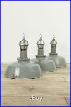 Run Of 15 Large Grey Maxlume Antique Vintage Industrial Pendant Factory Lights