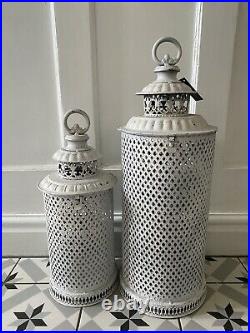 Set 2 Large White Metal Moroccan Lanterns Vintage Antique Candle Garden Indoor