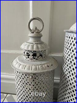 Set 2 Large White Metal Moroccan Lanterns Vintage Antique Candle Garden Indoor
