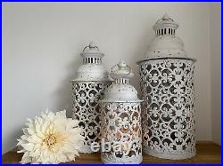 Set 3 Large White Metal Moroccan Lanterns Vintage Antique Candle Garden Indoor