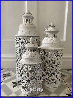 Set 3 Large White Metal Moroccan Lanterns Vintage Antique Candle Garden Indoor