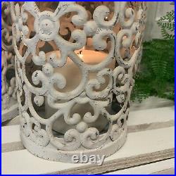 Set of 3 White Metal Lanterns Vintage Antique Candle Moroccan Garden Shabby Chic