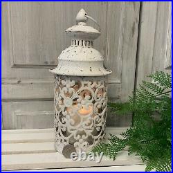 Set of 3 White Metal Lanterns Vintage Antique Candle Moroccan Garden Shabby Chic